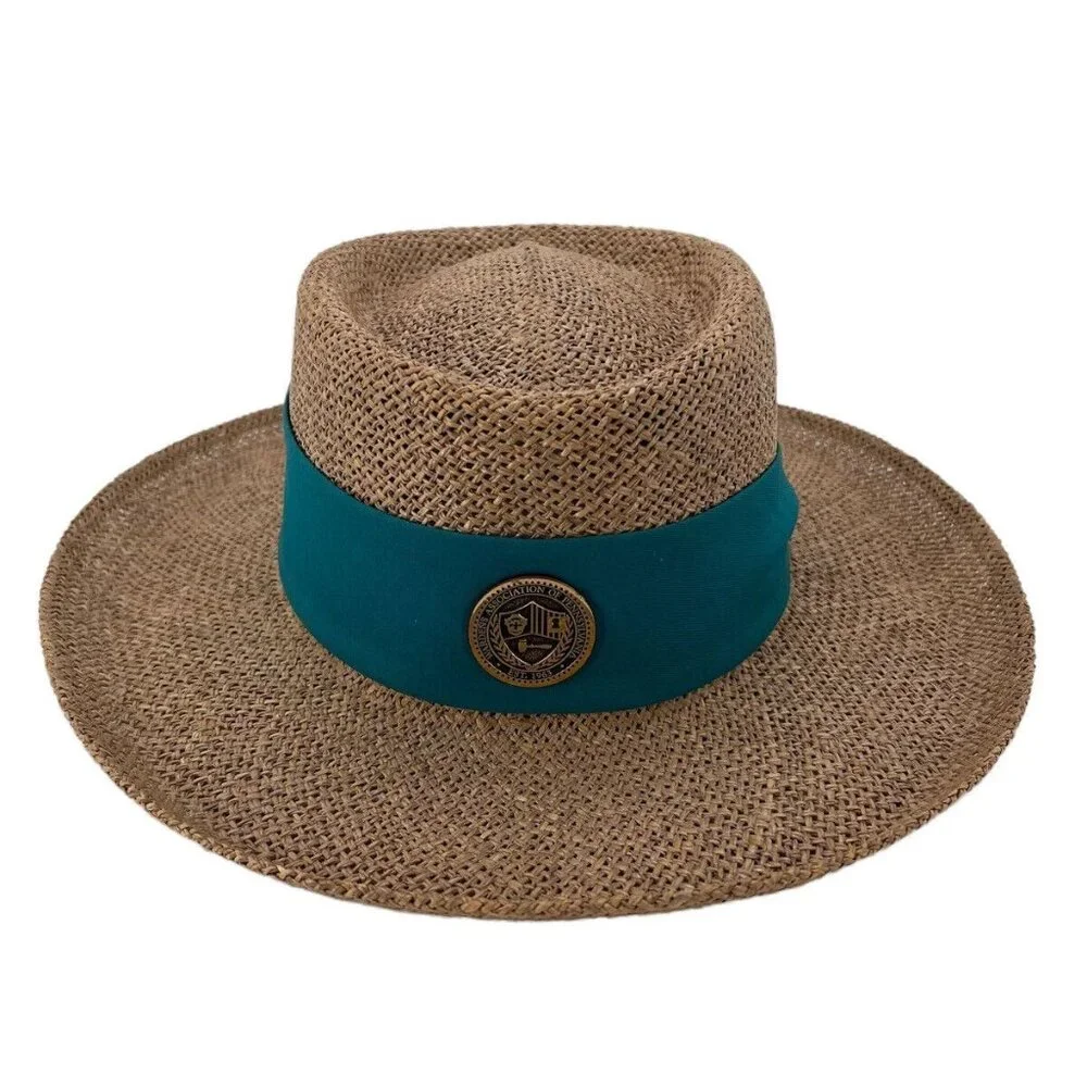 Vintage Straw Panama Boater Hat With Teal Band & Wardens Association Of America - Picture 2 of 11